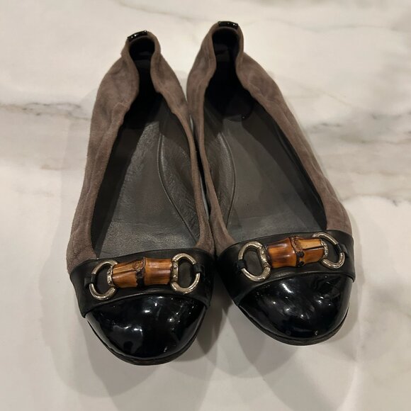 Gucci Gray Suede, Patent & Leather Bamboo Horsebit Ballet Flats Size 40.5 (10.5) - Picture 1 of 4